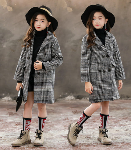 Gray plaid houndstooth coat for girls