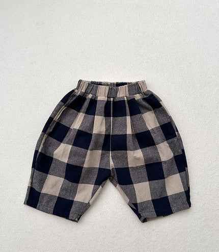Retro Blue Plaid Casual Capri Pants Children's Middle Pants