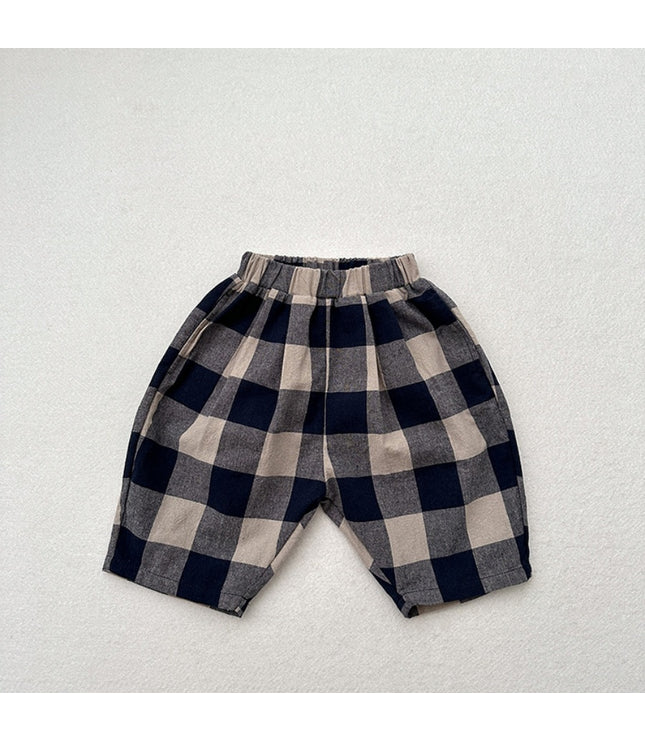 Retro Blue Plaid Casual Capri Pants Children's Middle Pants