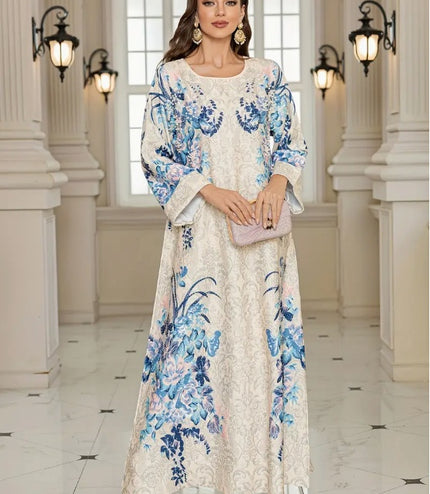 Elegant Floral Print Long Sleeve Abaya Dress