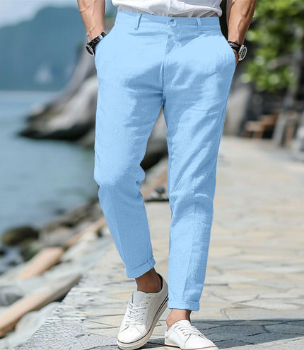 Men's Linen Summer Button Front Slant Pocket Straight-leg Trousers