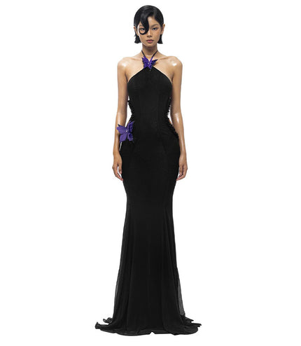 Off-shoulder Halter Butterfly Decoration Slim Fit Holiday Dress Women