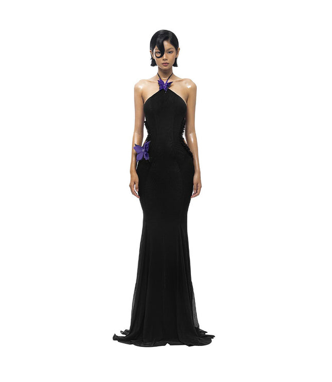 Off-shoulder Halter Butterfly Decoration Slim Fit Holiday Dress Women