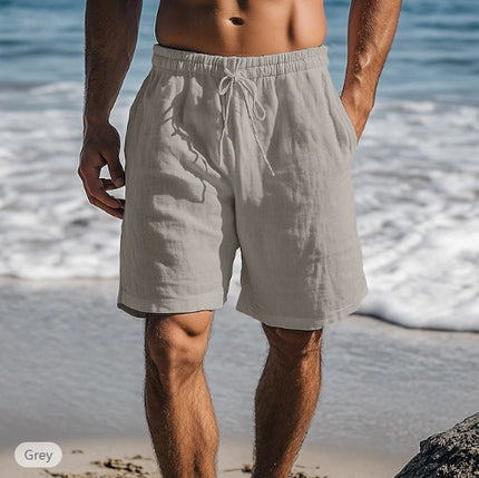 Cotton Linen Shorts Drawstring Elastic Waist Straight Leg