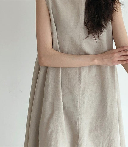 Chic Style Loose Sleeveless Pumpkin Color Long Cotton And Linen Dress