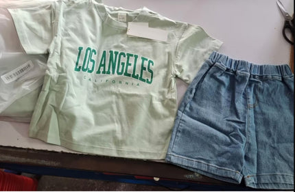 Summer Baby Letter Print Short-sleeve Top Denim Shorts Suit