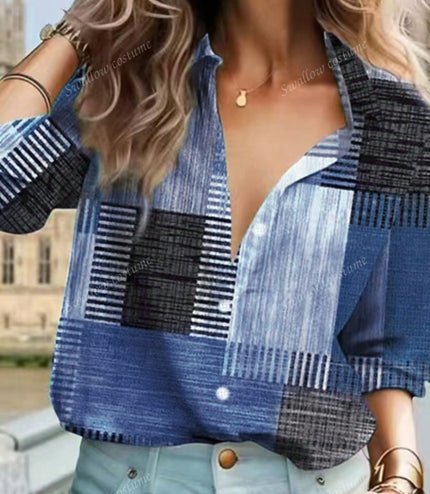 Color Block Button Print Long Sleeve Casual Retro Shirt
