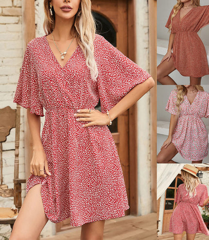 Women's Clothing Dress Printed V-neck Short Sleeve Casual