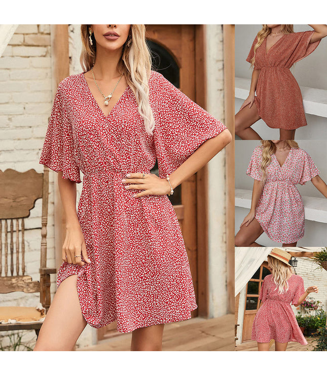 Women's Clothing Dress Printed V-neck Short Sleeve Casual
