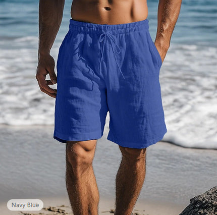 Cotton Linen Shorts Drawstring Elastic Waist Straight Leg