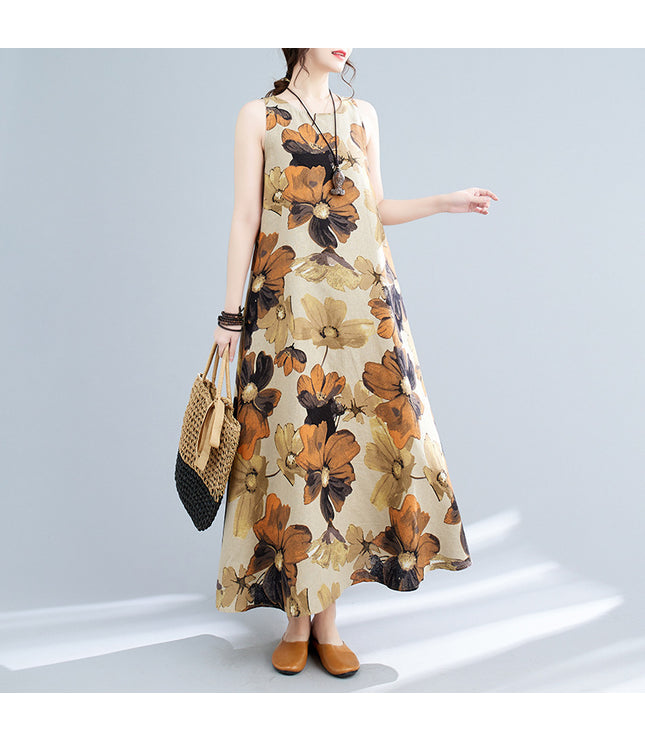 New Simple Fashion Bohemian Maxi Dress Sleeveless Round Neck Printed Dress Women