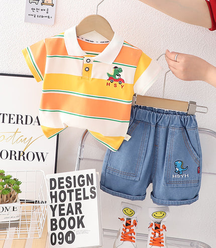 Boys' Polo Collar Stripes Short-sleeved Shorts Suit