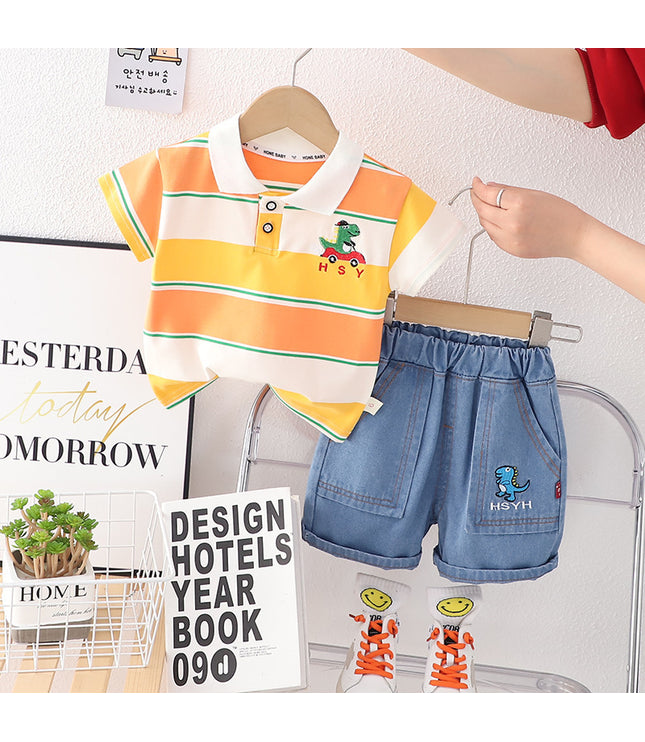 Boys' Polo Collar Stripes Short-sleeved Shorts Suit