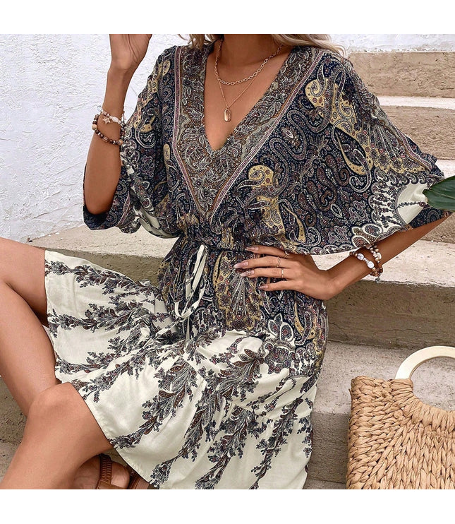Paisley Print Batwing Sleeve Tassel Tie Front Ruffle Hem Dress