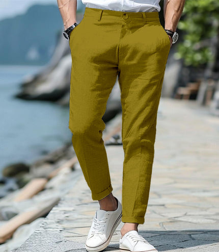 Men's Linen Summer Button Front Slant Pocket Straight-leg Trousers