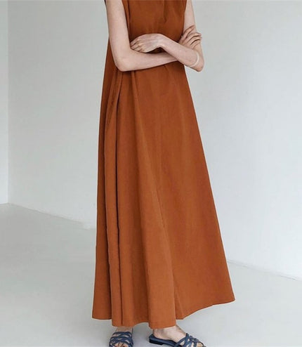 Chic Style Loose Sleeveless Pumpkin Color Long Cotton And Linen Dress