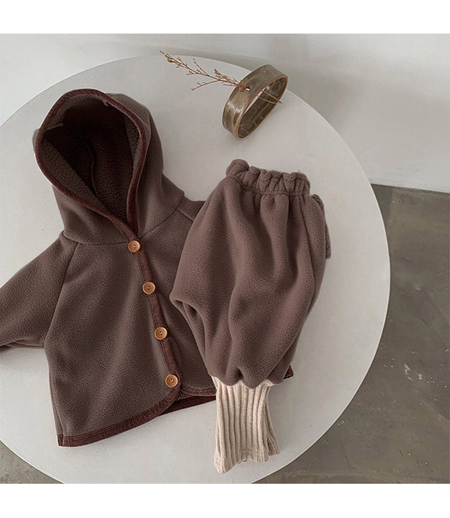 Baby Clothing Fur Lining Infant Suit Hoodies Coat Full Length Pants 2 Pcs