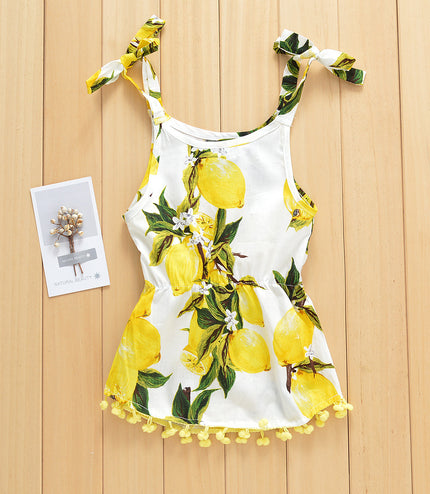 Lemon Printing Camisole Tassel Dress For Baby Girl