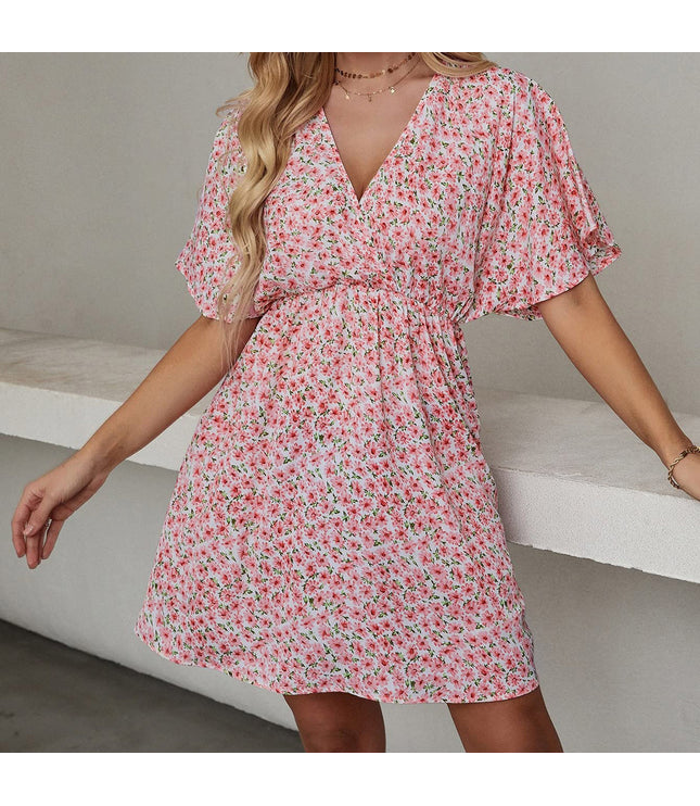 Women's Clothing Dress Printed V-neck Short Sleeve Casual