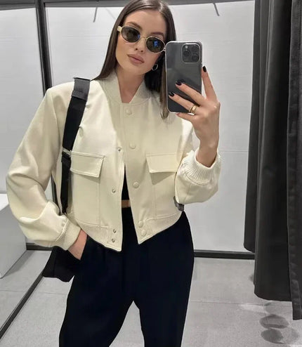 ASDS woman bomber jacket coat White autumn winter button baseball aviator cropped jackets for women long sleeve crop outerwear