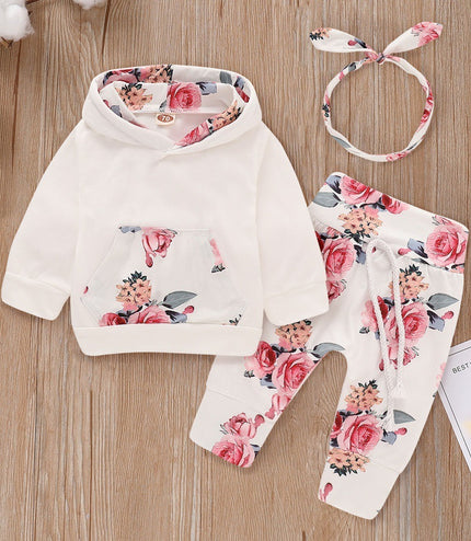 Girls hooded top floral three-piece suit