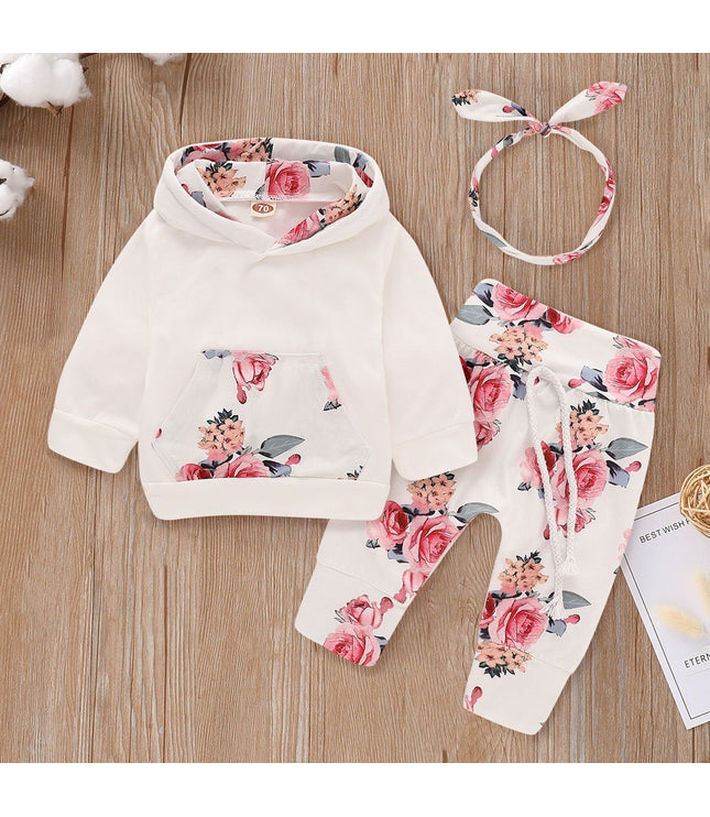 Girls hooded top floral three-piece suit
