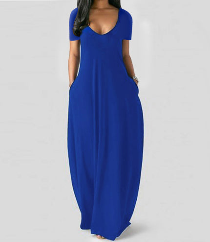 Sexy Deep V Short Sleeve Maxi Dress With Pockets