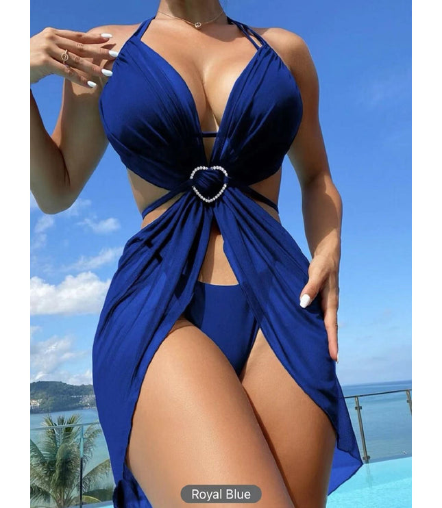 3pcs Halter Neck Bikini Beach Summer Solid Color Split Swimsuit Womens Clothing