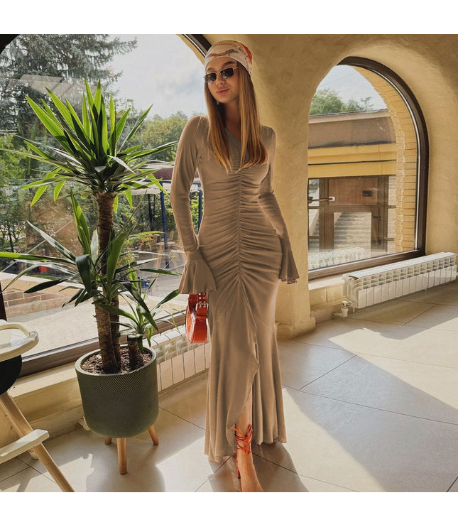 Fashionable Elegant V-neck Pleated Slim-fit Flared Sleeves Dress