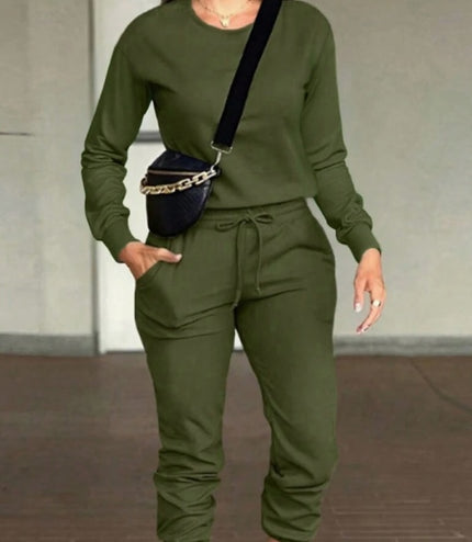 Casual Round Neck Long Sleeve Top And Pants Suit
