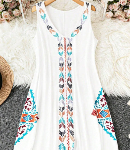 Plus Size Summer Casual Geometric Print V-Neck Fringed Hem Sleeveless Dress
