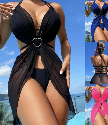 3pcs Halter Neck Bikini Beach Summer Solid Color Split Swimsuit Womens Clothing