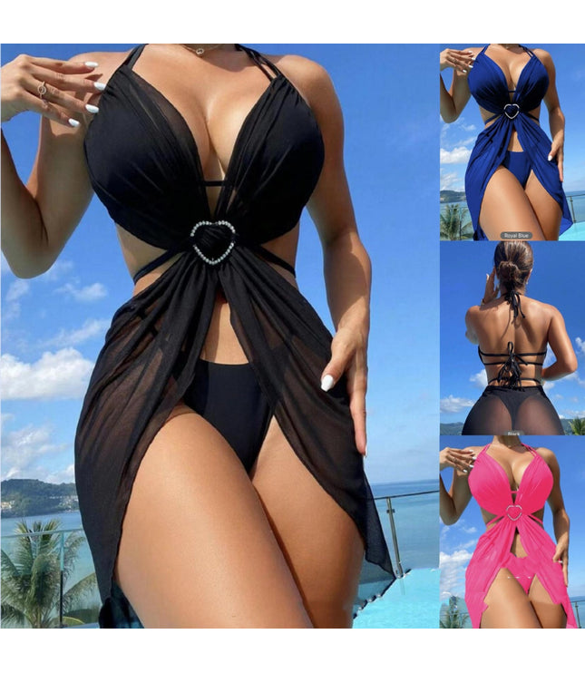 3pcs Halter Neck Bikini Beach Summer Solid Color Split Swimsuit Womens Clothing