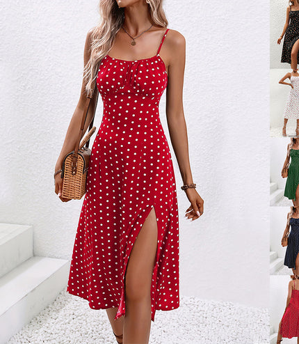 New Polka Dot Print Suspender Dress Summer Sexy Split Long Dresses For Womens Clothing