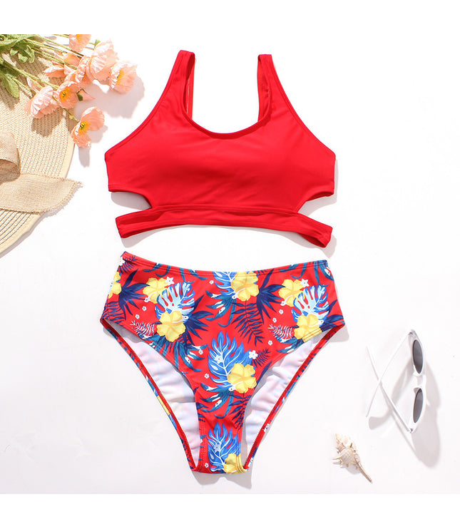 Ladies High Waist Solid Color Printed Swimsuit