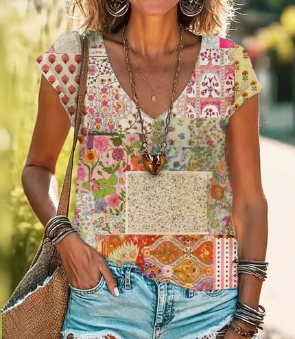 Casual Loose Fashion Digital Printing Multi-color Short Sleeve Women