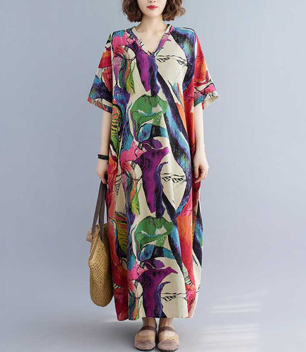 Cotton And Linen Printed Loose Plus Size Simple Vacation Style Long Dress For Women