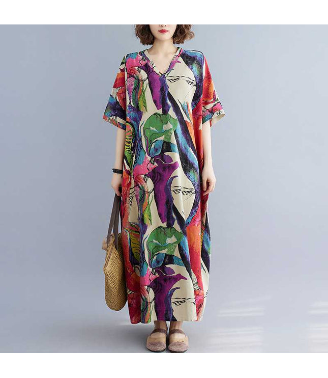 Cotton And Linen Printed Loose Plus Size Simple Vacation Style Long Dress For Women