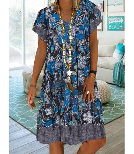 V-neck Printed Short Sleeve Mid-length Dress Plus Size Floral