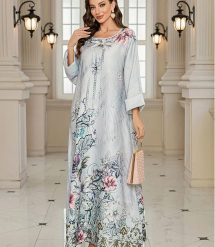 Elegant Floral Print Long Sleeve Abaya Dress