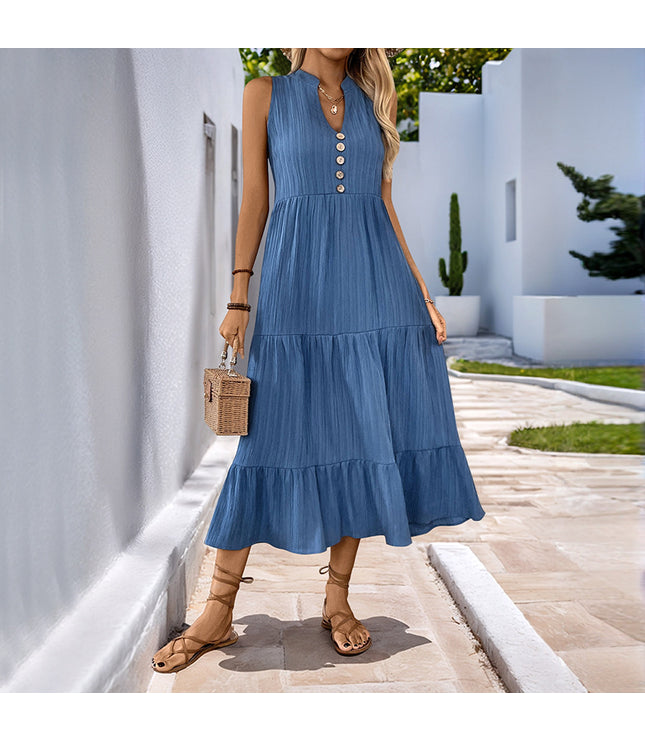 Pleated Solid Color Stand Collar Sleeveless Dress