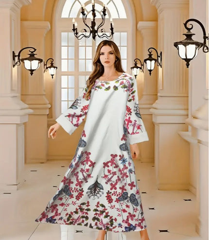 Elegant Floral Print Long Sleeve Abaya Dress