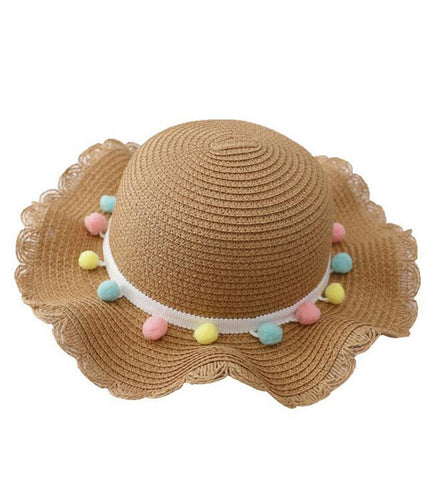 Small Ball Solid Color Children Straw Hat Bag Set