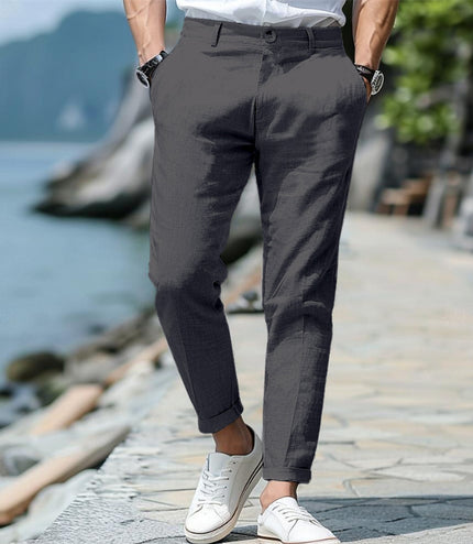 Men's Linen Summer Button Front Slant Pocket Straight-leg Trousers