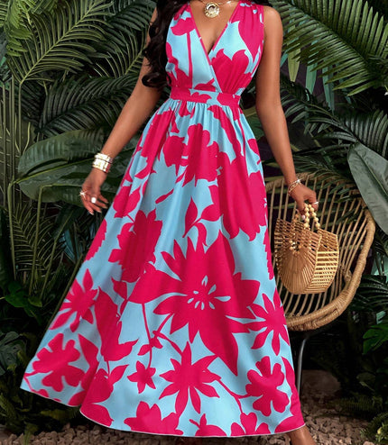 Print Deep V Neckline Cinched Waist Fit And Flare Dress Maxi Women Outfit