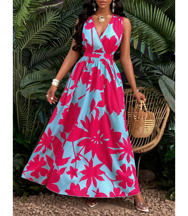 Print Deep V Neckline Cinched Waist Fit And Flare Dress Maxi Women Outfit