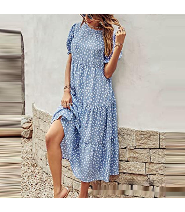 Printed Solid Color Round Neck Short Sleeves Casual Pleated Swing Dress Women