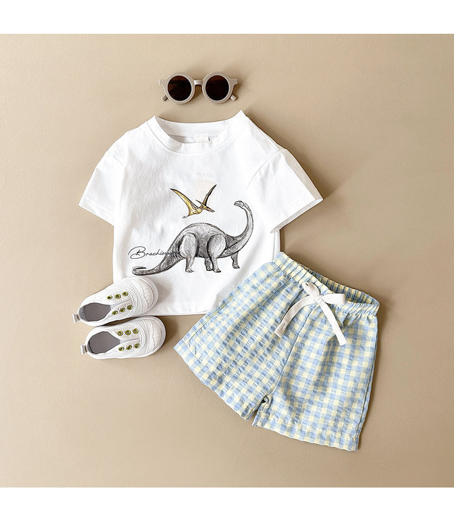 Boys' Dinosaur Printed Casual Cartoon Cotton Short Sleeve Pants Two-piece Set
