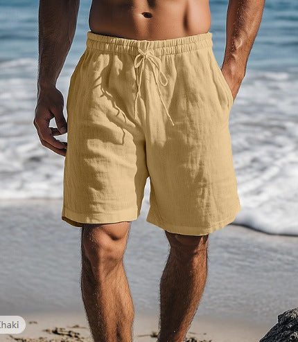 Cotton Linen Shorts Drawstring Elastic Waist Straight Leg