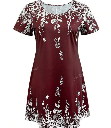 Women's Casual Round Neck Short Sleeve Vintage Versatile Mini Dress For Summer Vacation